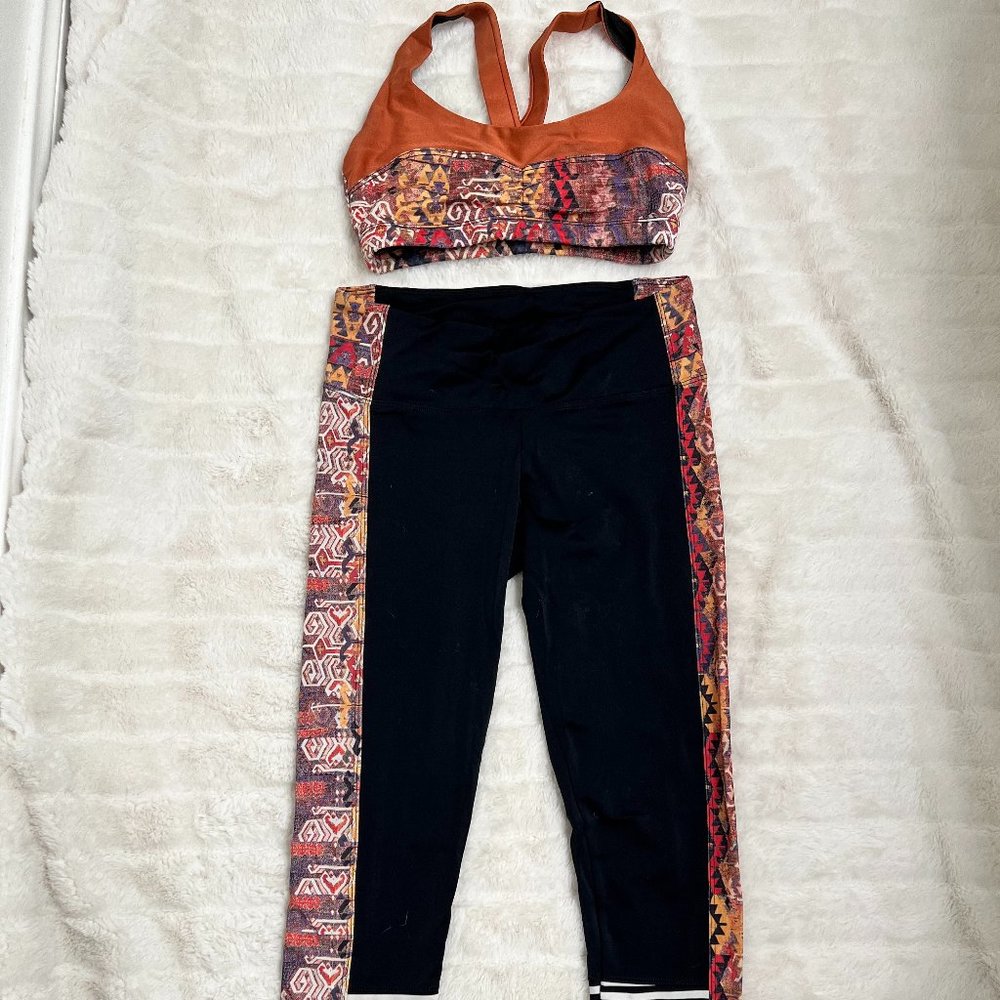 Free People Rust Orange & Black Printed Trim Sports Bra and Leggings Set
